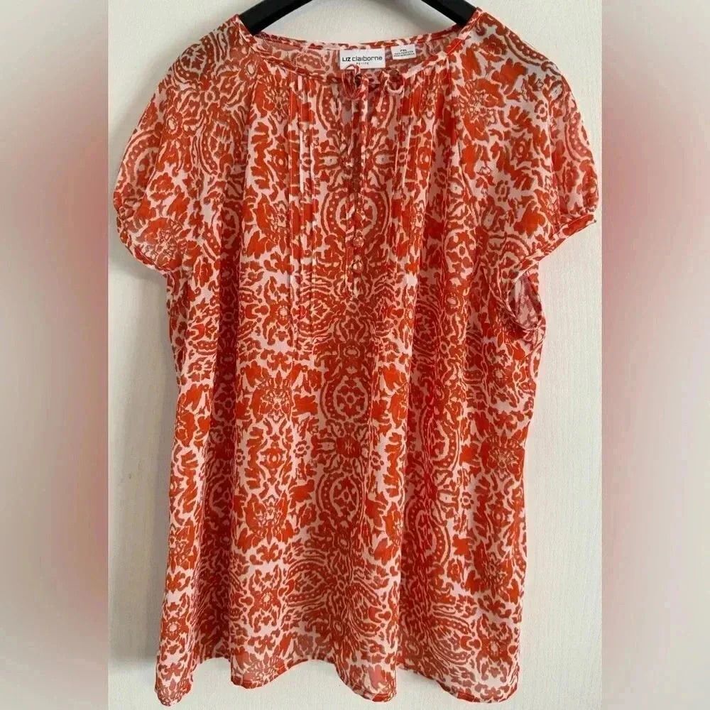 Liz Claiborne Orange and White Printed Short-Sleeve Blouse